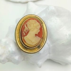 Made in Hong Kong Ivory & Pumpkin Spice Cameo Gold Tone Brooch